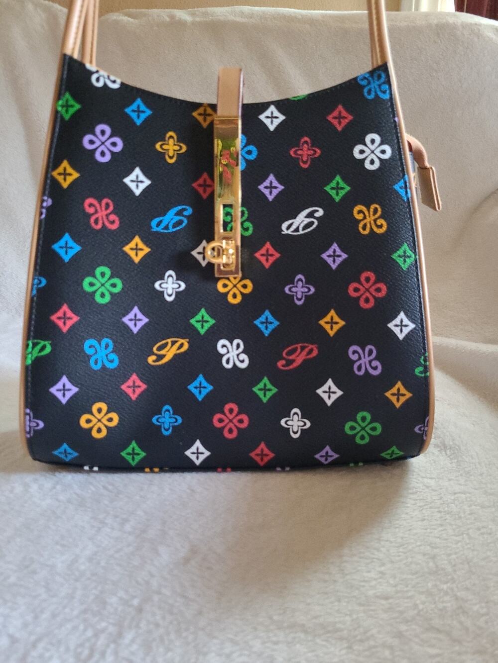 Diophy Multicolor Monogram Shoulder Bag Black Faux Leather Gold Clasp Satchel
